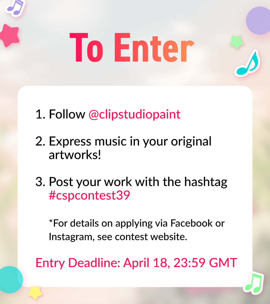 The 39th International Illustration Contest is now open!🎉  

Theme: Music  
Draw illustrations that express the joy of music!  

Enter on social media with the hashtag!  

See contest details here:  
clipstudio.net/en/cspcontest3…   

#cspcontest39