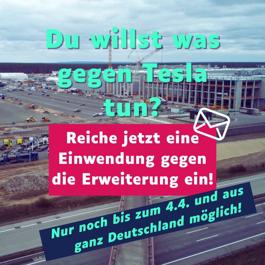 Du willst was gegen Tesla tun? Bis nächsten Donnerstag können Einwendungen gegen den neuen Bebauungsplan eingereicht werden. ☀️Alle können eine solche Einwendung einreichen, egal wo ihr wohnt! Hier findet ihr die Mustereinwendung: t-den-hahn-abdrehen.org/jetzt-einwendu…