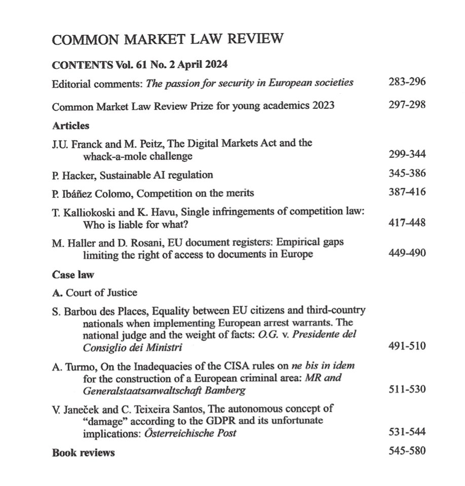 The April 2024 issue (Vol. 61 No. 2) of the CML Rev is out! Ft. Philipp Hacker (@viadrina) on sustainable AI regulation, Pablo Ibáñez Colomo (@LSELaw | @collegeofeurope) on competition on the merits, Ségolène Barbou des Places (@SorbonneParis1) on equality between EU citizens…