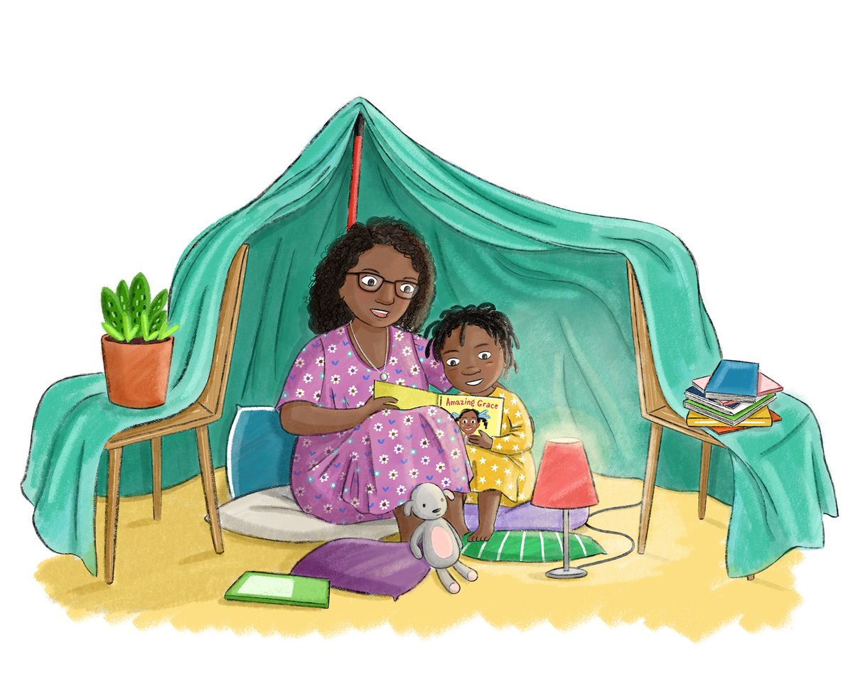 Loved doing this illustration commissioned by @EmilyDrabs for @MissRykesha whose last day it was @Booktrust yesterday. I personally appreciate all that Rykesha has done for the BookTrust Represents programme. This her reading with her fave book, with her gorgeous daughter.