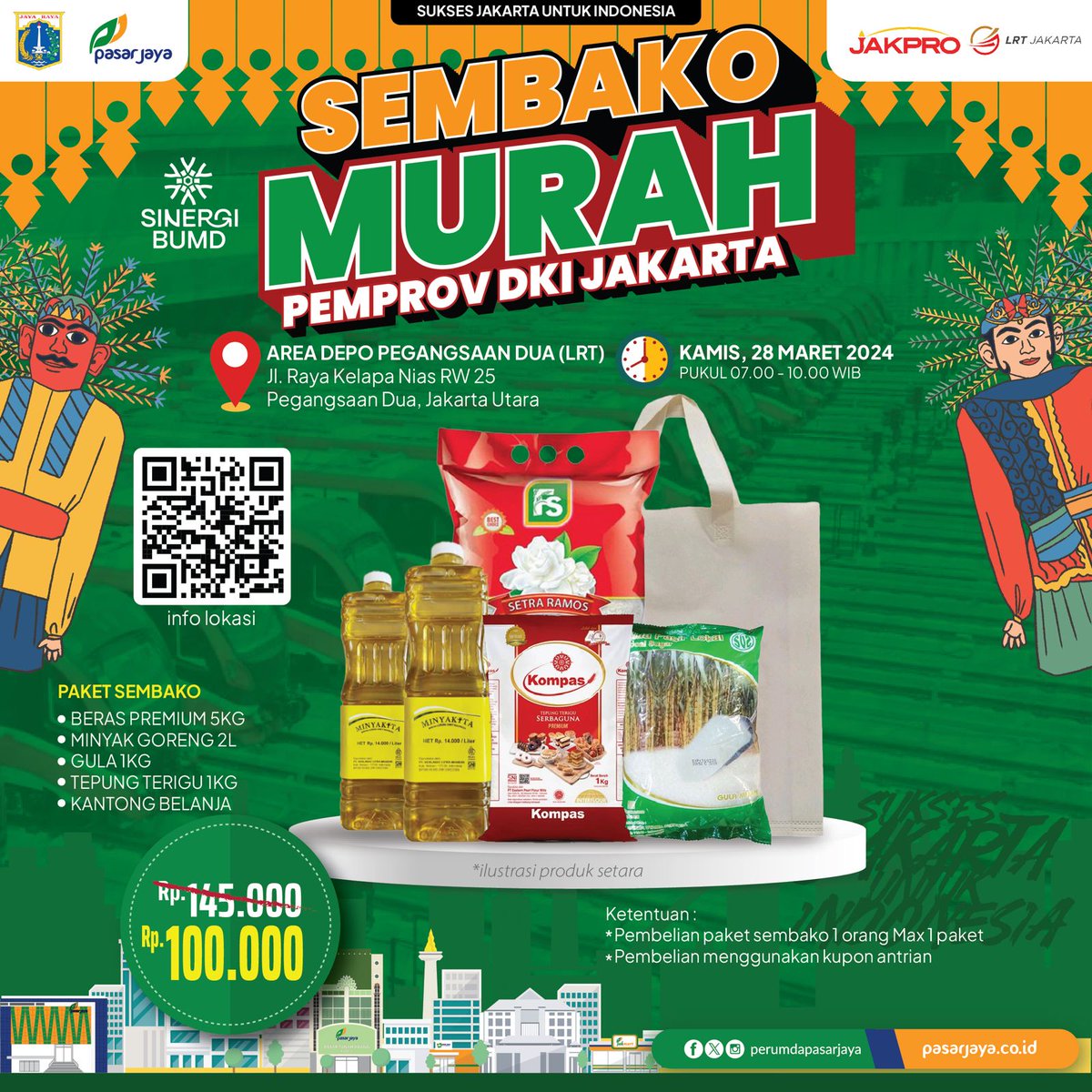 CATAT TANGGALNYA!! ADA SEMBAKO MURAAAAAH
 Kamu yg sedang cari kebutuhan bahan pokok dengan harga murah, datang saja hari Kamis, 28 Maret 2024 di Depo LRT Jakarta, Pegangsaan Dua

Dengan harga Rp. 100.000 kamu bisa belanja sembako yang berkualitas terbaik

#jakpro #jakprogroup