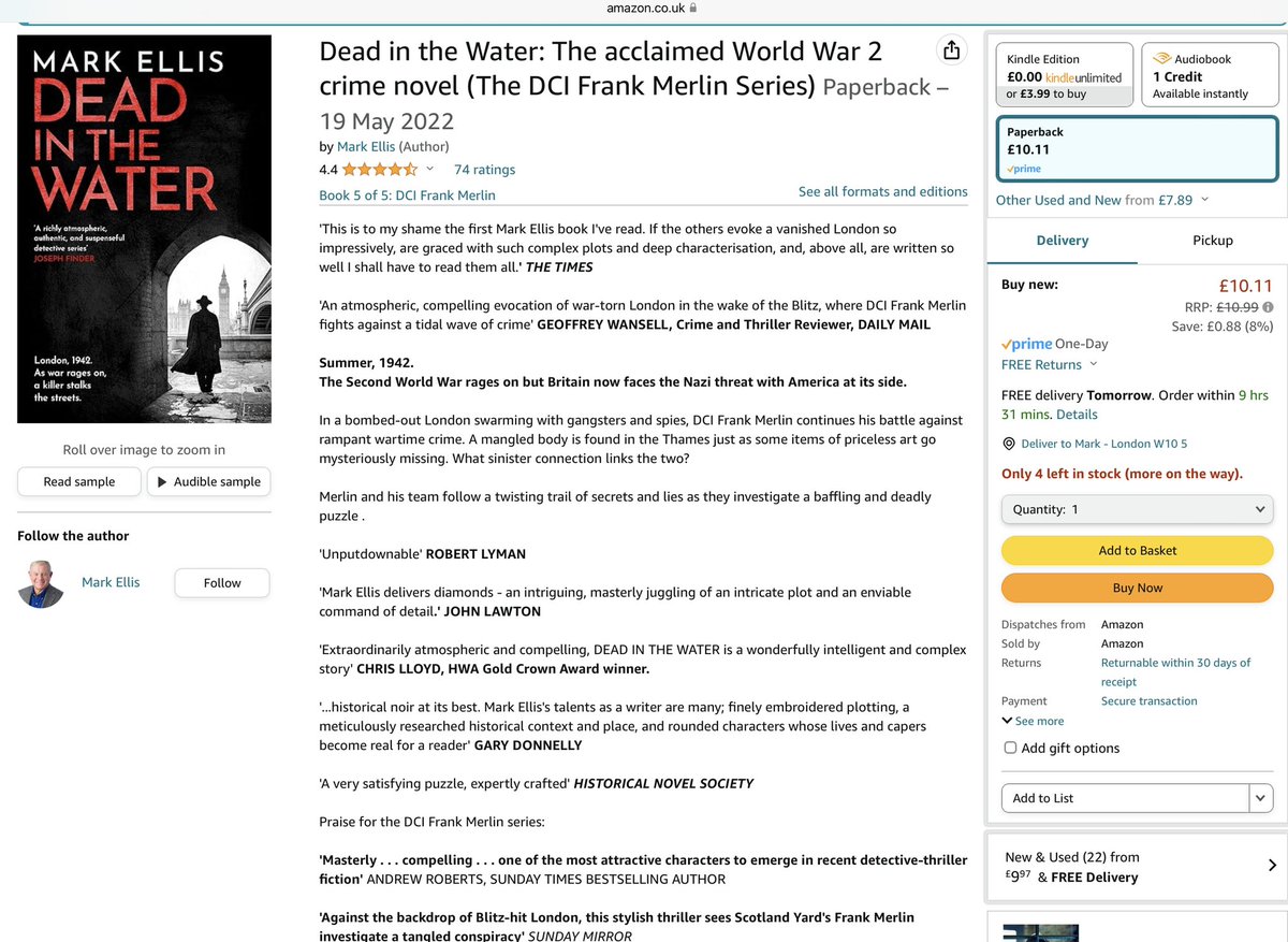 #DeadInTheWater is the 5th and most recent #FrankMerlin #WW2 adventure. A body is found in the Thames. Has the death anything to do with art masterpieces stolen from a Jewish family in pre-war Vienna? Merlin investigates. A Times newspaper #PickoftheWeek. Now on #KindleUnlimited.