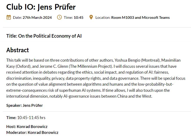 Happening soon: Club IO by Jens Prüfer (@TilburgU_TiSEM, @TILEC1) on 'On the Political Economy of AI'! 📜:tilburguniversity.edu/research/insti… #ResearchHighlight #AcademicChatter #AcademicTwitter #Upcoming #Research