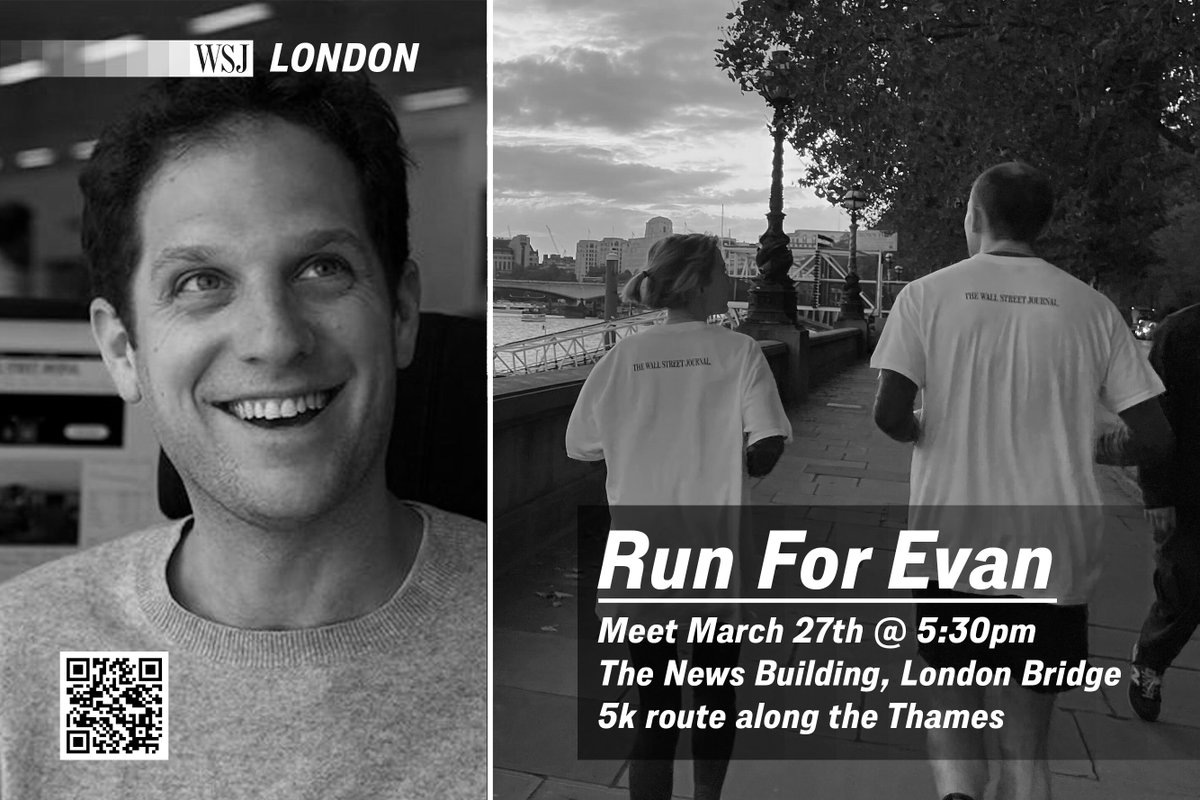 Our #London run will take palace at 5.30pm tonight -- you can join us to show solidarity with @wsj reporter Evan Gershkovich, his family and for press freedom. News outlets including @FT @Bloomberg @AFP @Reuters @CNN @thetimes will be joining us. #IRunForEvan #IStandWithEvan