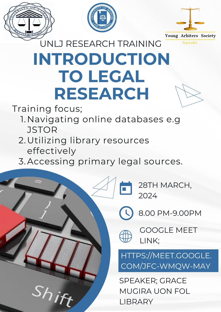 Calling all aspiring legal luminaries! The University of Nairobi Law Journal invites you to join us for an enlightening exploration of the art of legal research. Our expert-led session will equip you with the tools you need in order to hone your research skills. See you then!