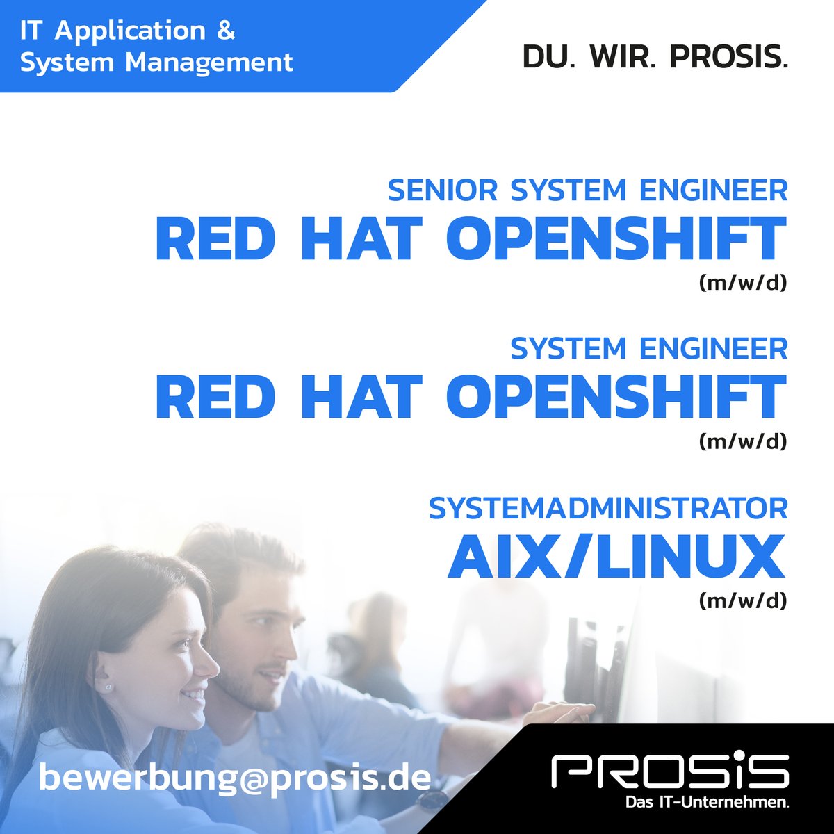 Wir haben genau den richtigen Job für Dich!

Aktuell warten attraktive Tätigkeiten in der IT auf Dich: 
prosis.de/stellenanzeige…
prosis.de/stellenanzeige…
prosis.de/stellenanzeige…

Nichts dabei?
Dann schau Dir auch unsere anderen Stellen an:
prosis.de/de/aktuelle-st…