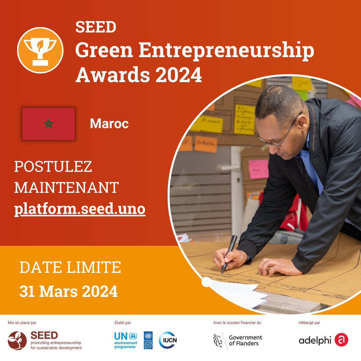 ⚠️ Il reste 4 JOURS aux entreprises pour postuler aux #GreenEntrepreneurshipAwards 2024 par SEED au #Maroc ⚠️ Postulez maintenant ➡️ platform.seed.uno Les SEED Awards au Maroc sont parrainés par le gouvernement Flamand