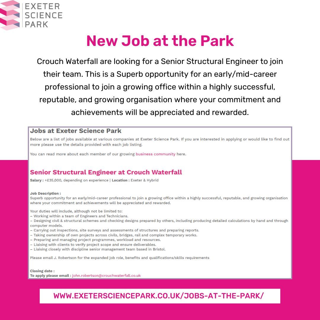 💼 New job at the park!

Crouch Waterfall are looking for a Senior Structural Engineer to join their team. This is a Superb opportunity to join a growing office within a highly successful, reputable, and growing organisation.

buff.ly/403cZVd