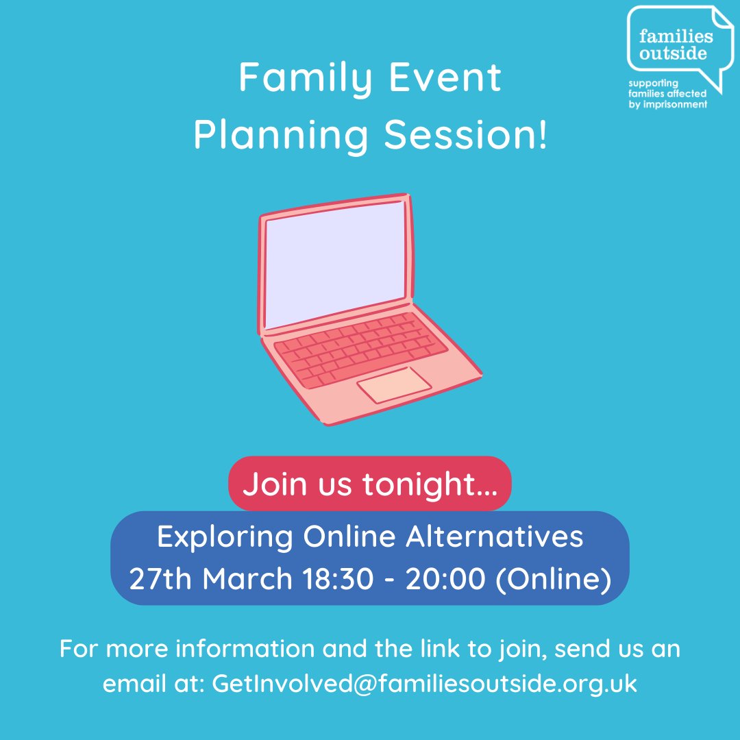 📣 If you're a family member affected by imprisonment, join us online tonight at 6:30-8pm to chat about how we can include as many families as possible in our family event this summer, even if they can't come in-person.