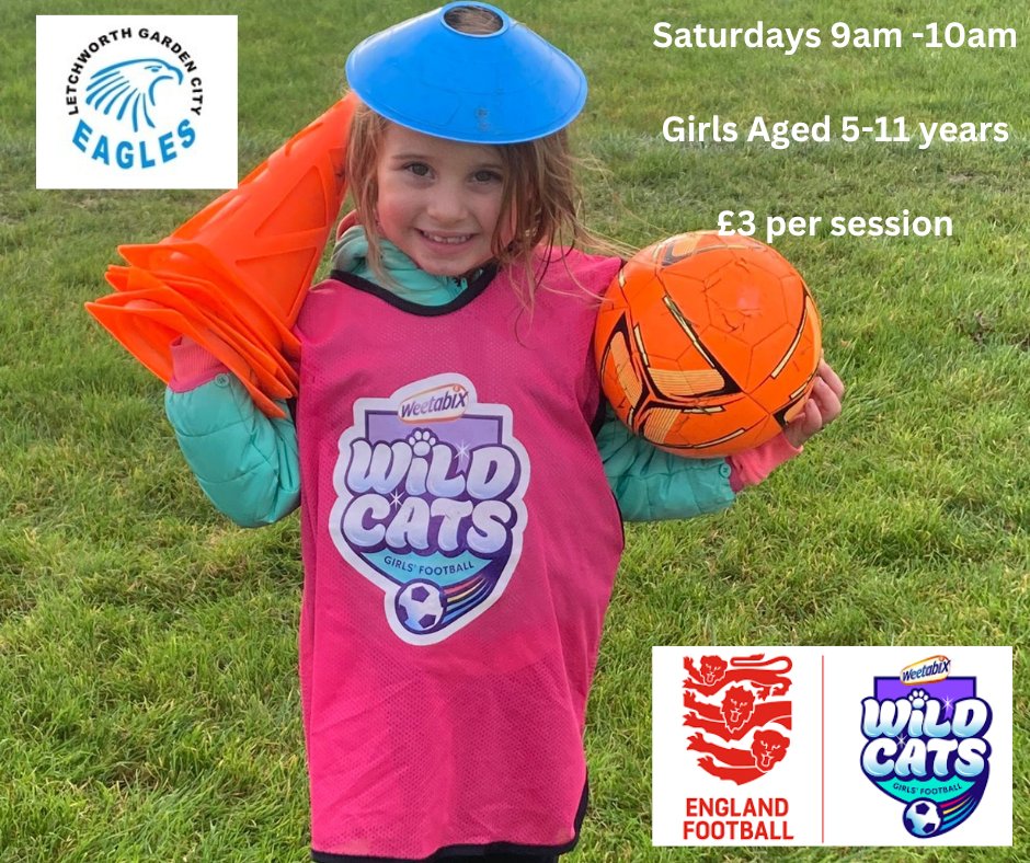 Kick off Saturdays with Weetabix Wildcats at Letchworth Eagles! ⚽🦅 Girls 5-11, join us 9-10am at Pixmore Fields for football fun, confidence, and friendship. Just £3/session. 🌈👟 Info: clubsecretary@letchwortheagles.org.uk #GirlsFootball #WeekendFun #WeetabixWildcats