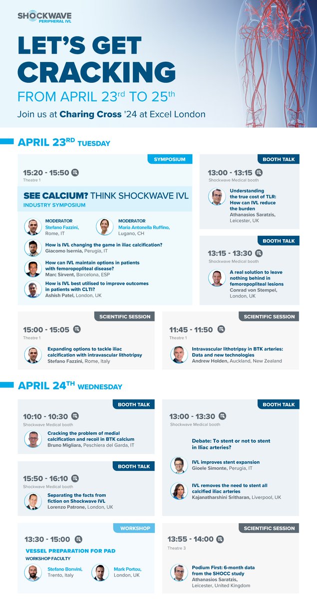 #CX2024 is coming up fast and will be stacked with opportunities to learn more about #ShockwaveIVL! Join our industry symposium, and interactive booth talks to learn why #IVL should be part of every physicians’ calcium armamentarium for PAD treatment. See Ca++? Think…