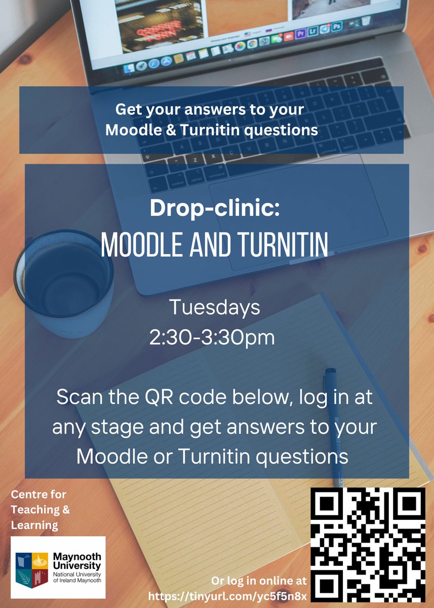 Calling all MU Students! Having any issues with Moodle or Turnitin? Drop in to Tuesday's online Moodle &amp; Turnitin clinic between 2:30 - 3:30 and get answers! Scan the QRC below to join!
<a href="/MU_StudentServ/">MU Student Services</a>
<a href="/MaynoothUni/">Maynooth University</a>
<a href="/maynoothsu/">Maynooth Students' Union (MSU)</a>
<a href="/library_MU/">Maynooth University Library</a>
<a href="/MU_ITServices/">MU IT Services</a>