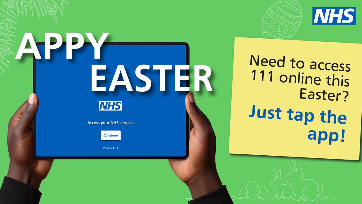 #AppyEaster | If you need urgent medical help this #Easter weekend, but it’s not an emergency, use the NHS App to access 111 online.

Just tap the app! 👉nhs.uk/nhs-app/