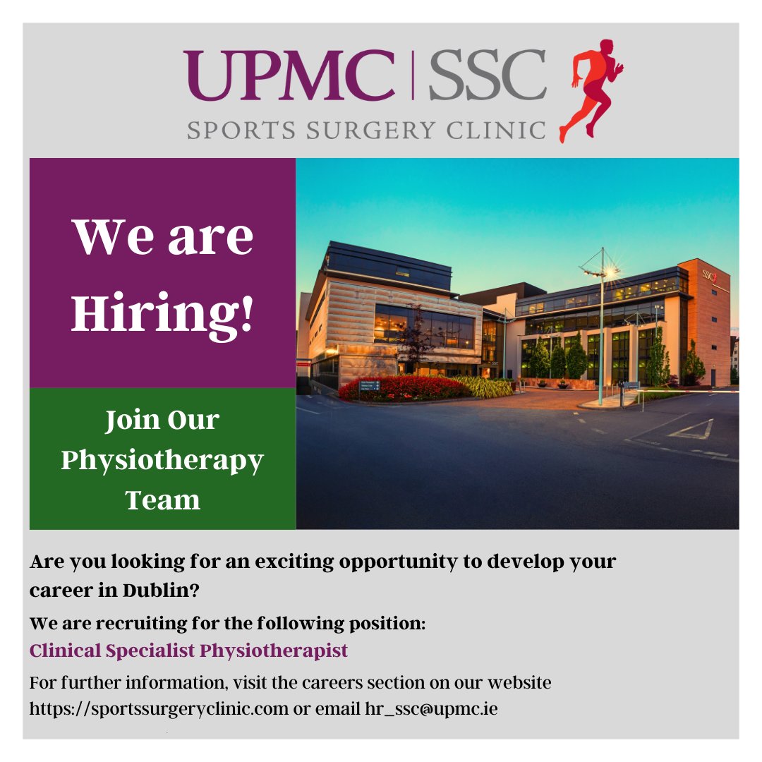 UPMC Sports Surgery Clinic is Hiring! Are you looking for an exciting opportunity to develop your career as a physiotherapist in Dublin? We are recruiting for the position of Clinical Specialist Physiotherapist. Click here for more information go.upmc.com/2113KIxkQ