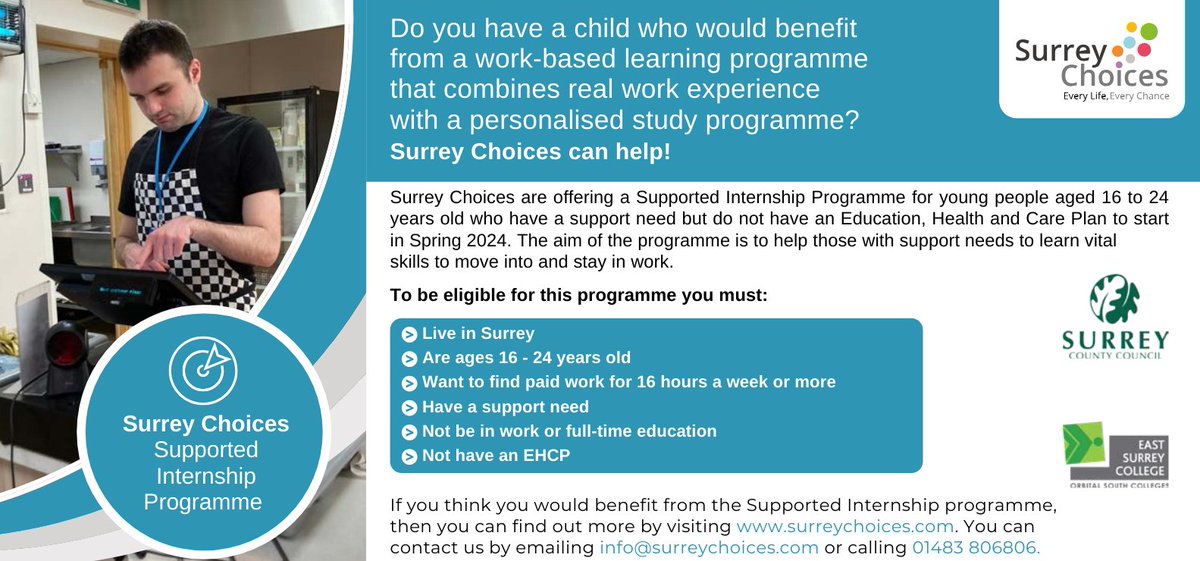 Today is National Supported Internship Day! Surrey Choices is launching a new Supported Internship Programme to help young people find work. The programme is for those with support needs that do not have an EHCP. Want to learn more? Contact us by emailing: info@surreychoices.com