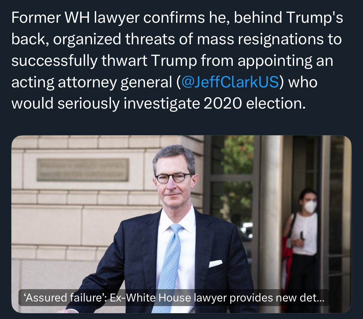 ELECTION FRAUD: Trump’s White House lawyer admitted to engineering a plan, with the help of top DOJ officials, to prevent any investigation into 2020 election fraud. The DOJ never investigated any of the incidents witnessed by the GOP and the courts cooperated.