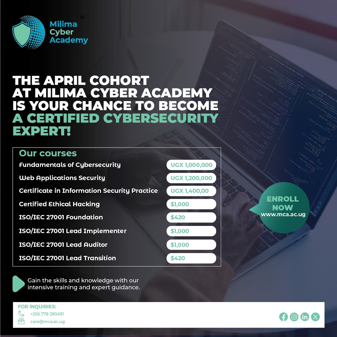 Exciting News!

Boost your cybersecurity skills with our April Cohort! Join now to secure your spot via mca.ac.ug! 
For more information, call us at 0778 290 491 or send an email to care@mca.ac.ug
#AprilCohort #CybersecurityEducation