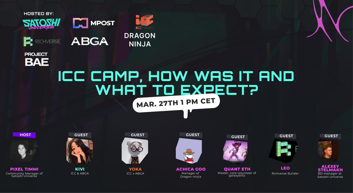 Join us today at 13:00 CET for an amazing topics and the discussion about ICC Camp: How was it and what to expect? We will be together with @mpost_io, @ICCombinator, @RichverseWeb3, @ABGAasia, @MyCopilotBae and Dragon Ninja here 👉 x.com/i/spaces/1bdxy…