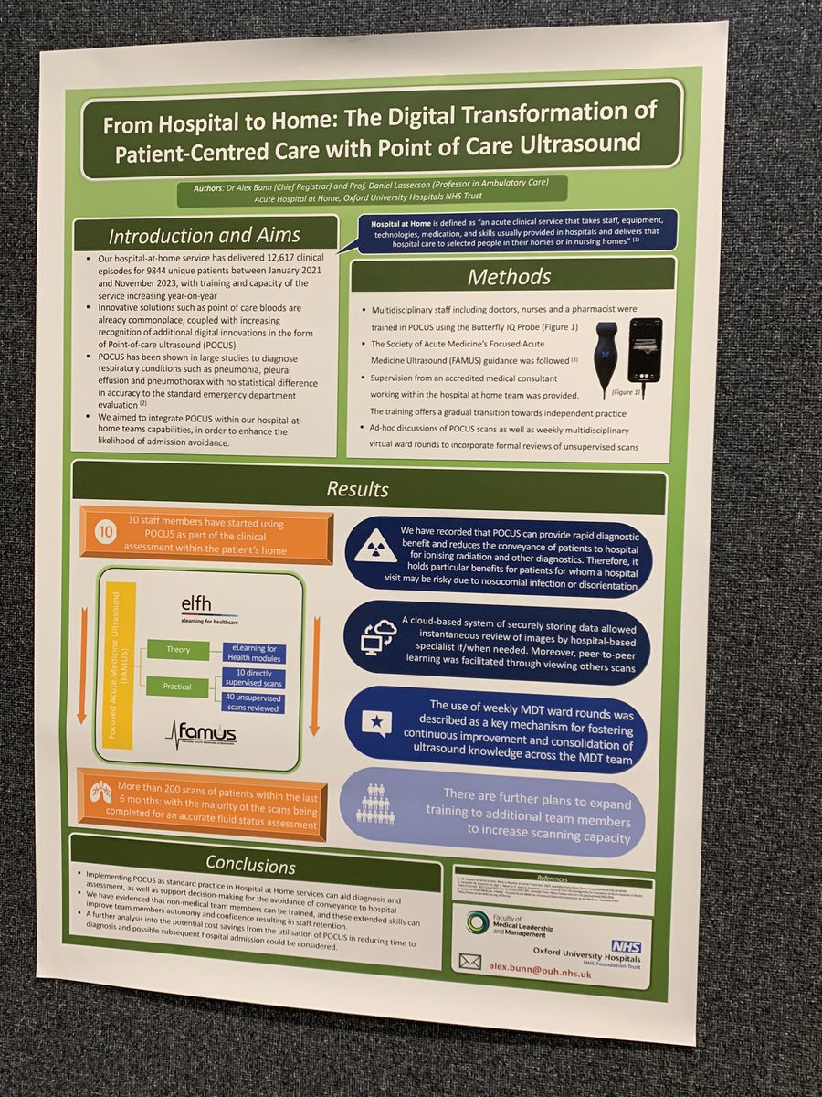 Great to see this poster @FMLM_UK #fmlm24 all about POCUS within hospital at home and how it transforms care @DanLasserson @AmyBroad92 @GeneralistUS @SharjeelKiani1 @UKHaHSoc @FAMUSultrasound @POCUSUK @PracticalPOCUS @POCUSAcademy @VLexpert @RY51MMO @SWBHnhs @twh_knight