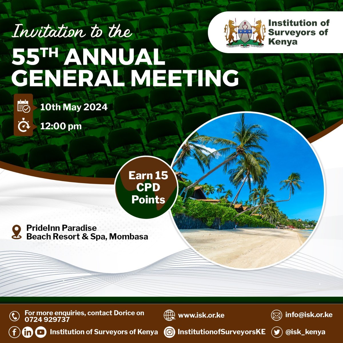 The Institution of Surveyors of Kenya (ISK) is gearing up for the 55th AGM on 10th May 2024 and we want YOU to be there! Whether you're a seasoned professional or new to the field, this event is for you. Register today and be part of the momentum! #ISKenya #AGM