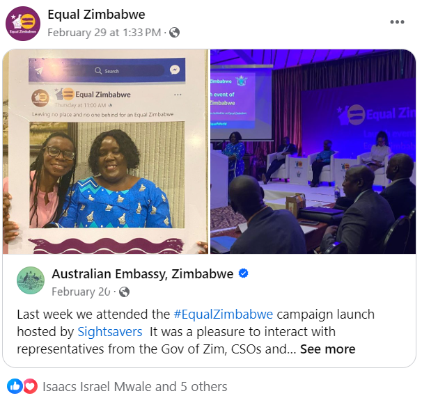 Join the majority of those asking the Government of Zimbabwe to pass Disability Bill into Law. Join the ranks of those making a difference by liking the Equal Zimbabwe's Facebook Page. facebook.com/EqualZimbabwe @Sightsavers