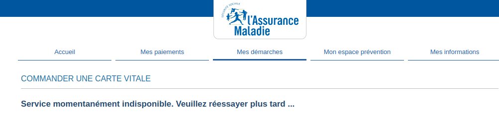 Frederic Baguelin (@udgover) on Twitter photo Bonjour <a href="/Assur_Maladie/">Assurance Maladie</a> quelle est votre définition de "momentanément" ? Jours, semaines, mois ? Votre service en ligne de renouvellement de carte vitale ne fonctionne pas depuis le début de l'année... Et non, je ne souhaite pas effectuer la démarche par courier. Bonjour <a href="/Assur_Maladie/">Assurance Maladie</a> quelle est votre définition de "momentanément" ? Jours, semaines, mois ? Votre service en ligne de renouvellement de carte vitale ne fonctionne pas depuis le début de l'année... Et non, je ne souhaite pas effectuer la démarche par courier.