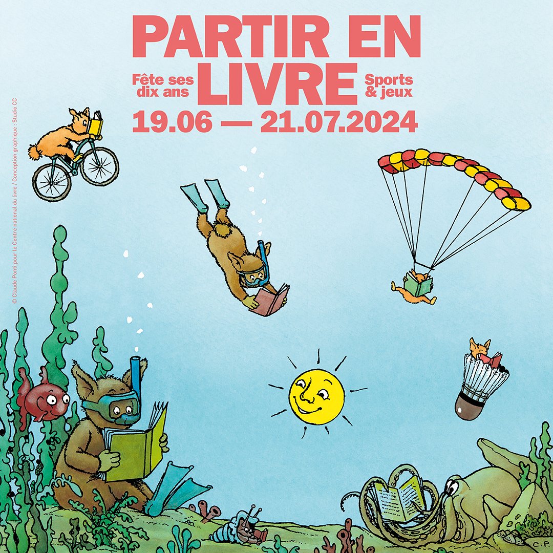 @ClaudePonti signe l'affiche des 10 ans de #PartirEnLivre, aux couleurs de la thématique 'sports et jeux'. Rendez-vous cet été du 19 juin au 21 juillet 2024 pour célébrer le plaisir de lire☀️ Inscrivez vos événements et découvrez les ressources 👉partir-en-livre.fr/mon-espace/esp… @LeCNL