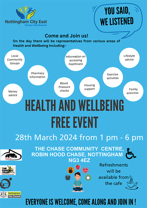Come and see us at the Health and Wellbeing event at The Chase Community Centre, St Ann’s on Thurs 28 March, 1pm-6pm. Come along to find out what health and wellbeing activities and services are available and take part in exercise activities and Easter and family activities.