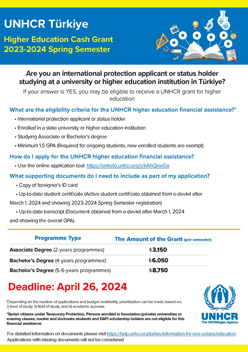 Are you an international protection applicant or status holder studying at a university or higher education institution in Türkiye? You may be eligible to receive a UNHCR grant for higher education. To apply: enketo.unhcr.org/x/kAhQnwDa For more information: help.unhcr.org/turkiye/inform…