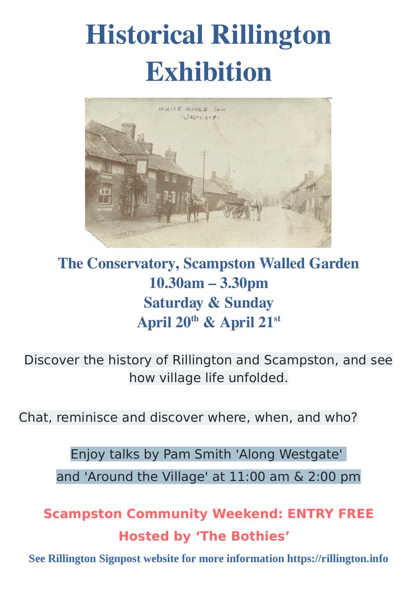 20-21 April 2024. The Historical #Rillington Study Group will share their research at #Scampston Community weekend, hosted by The Bothies. You’ll find us in The Conservatory, Scampston Walled Garden. #OnePlaceWednesday #LocalHistory #FamilyHistory