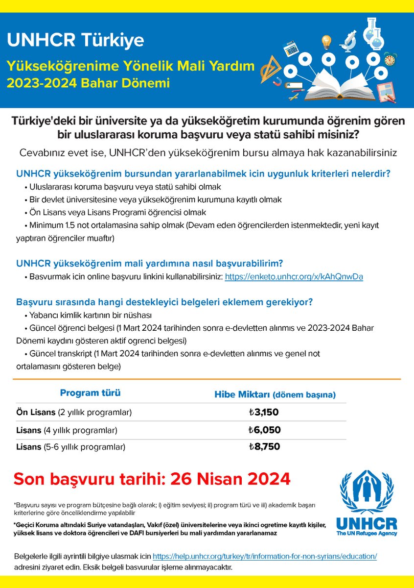 Türkiye’deki bir üniversite ya da yükseköğretim kurumunda öğrenim gören bir uluslararası koruma başvuru veya statü sahibi misiniz? UNHCR’den yükseköğrenim desteği almaya hak kazanabilirsiniz. Başvurmak için: enketo.unhcr.org/x/kAhQnwDa Daha fazla bilgi için: help.unhcr.org/turkiye/inform…