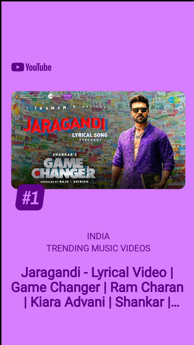 #Jaragandi Song Reigns Supreme at the Top Spot of YouTube Music Trends 🔝 #1 🥳 @MusicThaman🥁 Telugu🔗 youtu.be/45vS1-xtnp8 🎙 @dalermehndi @SunidhiChauhan5 ✍🏼 @IananthaSriram #HBDRamCharan #GameChanger Megapower Star @AlwaysRamCharan @shankarshanmugh @advani_kiara…