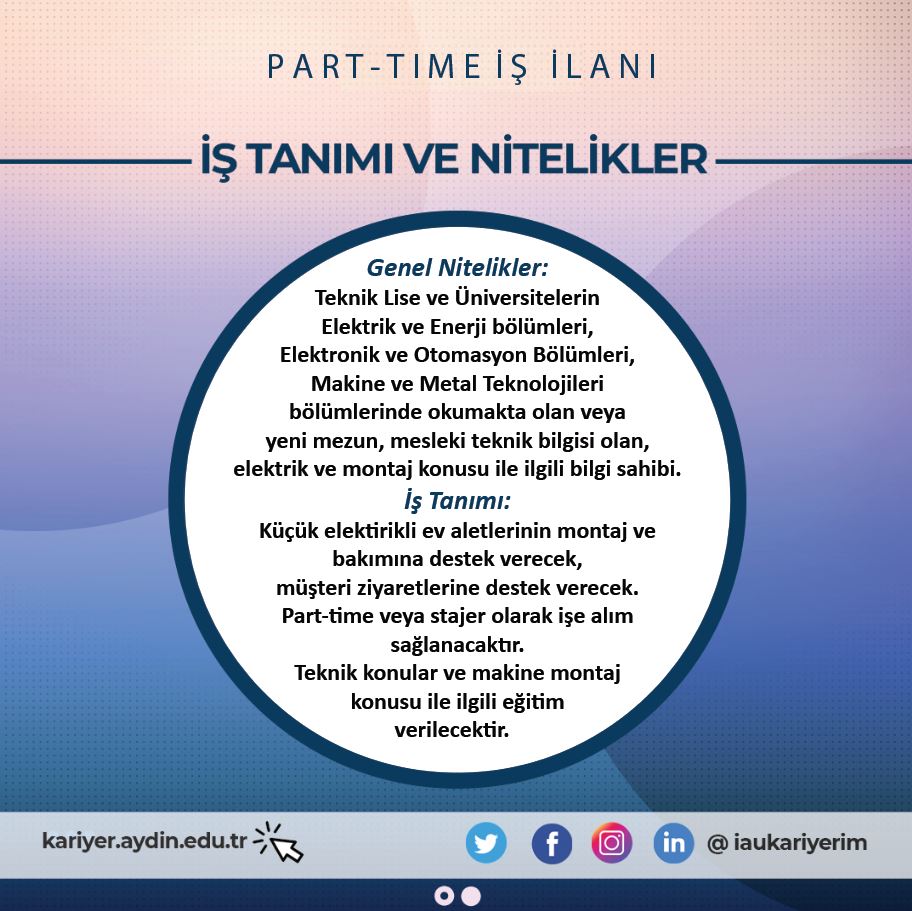 🎉Scentfume Bünyesinde Teknik Personel / Küçük Elektrikli Ev Aleti Montaj ve Bakım Personeli Aranmaktadır. 📧ilgilenen adayların aysegul_bastug@hotmail.com adresine CV iletmeleri gerekmektedir. @iausem @iaumedofficial @IAUKampus