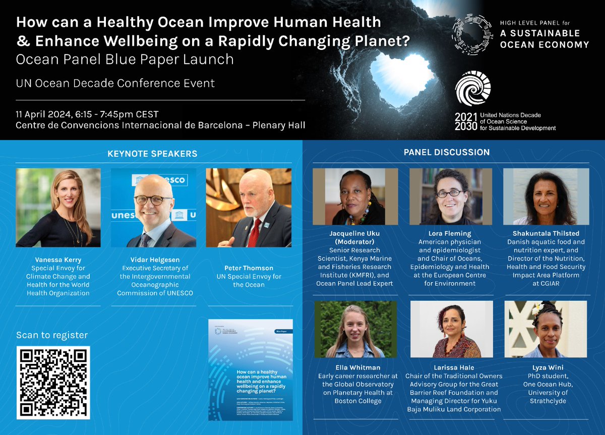 ANNOUNCEMENT: #OceanPanel Blue Paper Launch Event at the @UNOceanDecade Conference in Barcelona. 📆 11th April 🕔 18:15-19:45 CEST Join this critical conversation on the relationships between ocean health & human health. Register now to join online bit.ly/43vQrON