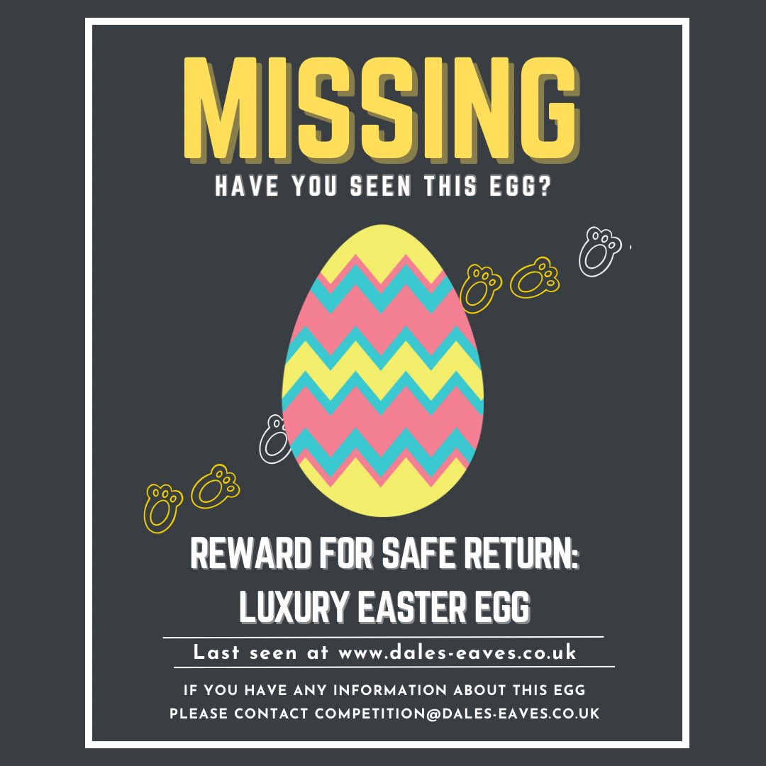 Dales Fabrications (@dalesfabs) on Twitter photo A mischievous Eaves-ter bunny will be hiding two eggs on Dales website over Easter π£πͺΊ
Head to our website and get hunting to be in with a chance of winning a luxury Easter egg when you send proof to competition@dales-eaves.co.uk
Find out more: dales-eaves.co.uk/dales-eaves-teβ¦ A mischievous Eaves-ter bunny will be hiding two eggs on Dales website over Easter π£πͺΊ
Head to our website and get hunting to be in with a chance of winning a luxury Easter egg when you send proof to competition@dales-eaves.co.uk
Find out more: dales-eaves.co.uk/dales-eaves-teβ¦