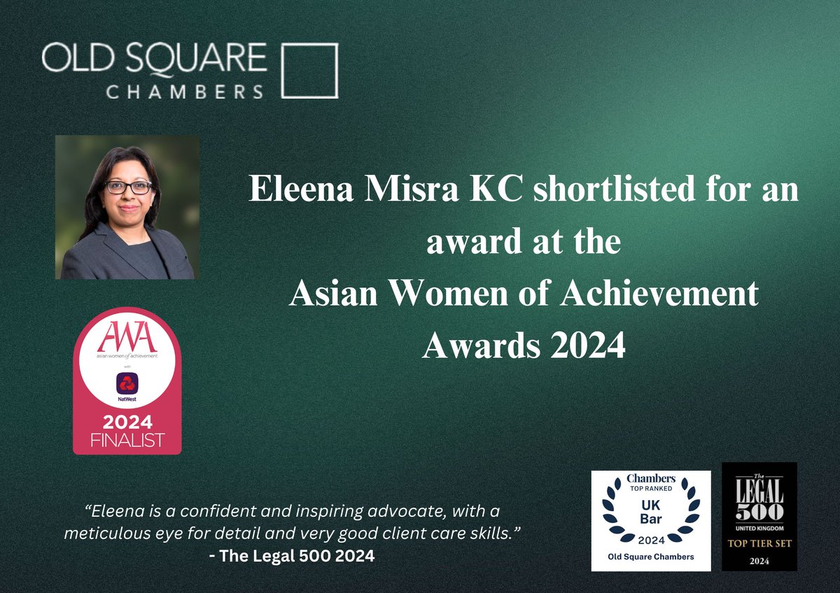 OSC is delighted to announce that @EleenaMisraKC has been shortlisted for an award at the Asian Women of Achievement Awards @awaawardsuk 2024. Eleena has been shortlisted for the 'Professions' award. oldsquare.co.uk/eleena-misra-k… #AWA2024