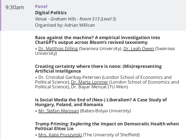 If you're still at #PSA24, do come and join us in Graham Hills, R 513. This time not on political parties, but on new work on the implications of ChatGPT for teaching politics, co-authored with the fabulous @leah_v_owen 🙂