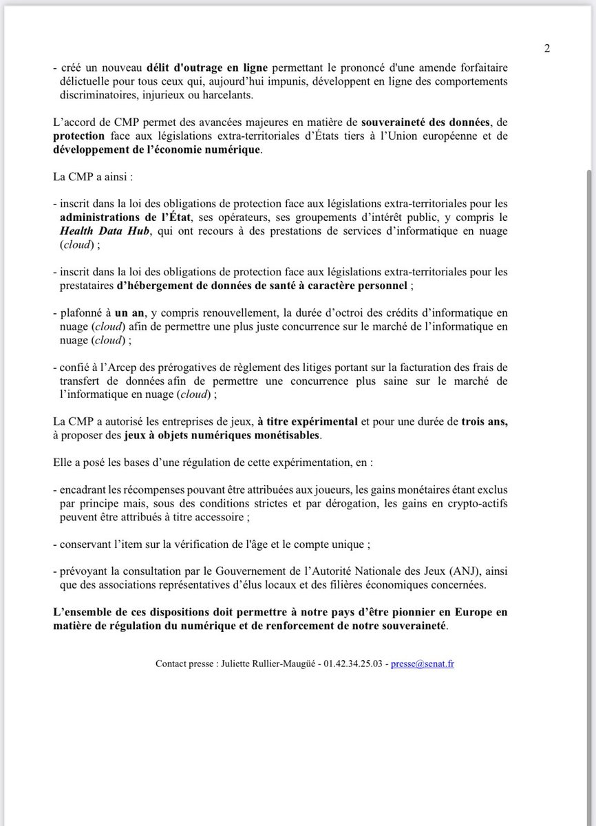 La CMP au @senat sur le projet de loi visant à sécuriser et réguler l’espace numérique #SREN a été conclusive L’objectif  : rendre applicable en France le DSA &amp; par anticipation le Data Act &amp; renforcer la régulation pour un environnement + sur, et mieux protéger nos données !