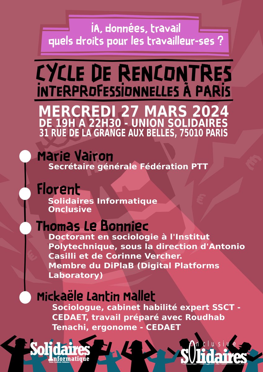 Solidaires Informatique organise une conférence interprofessionnelle 'IA, données, travail : quels droits pour les travailleur-euses ?' C'est aujourd'hui, de 19h00 à 22h30, au 31 rue de la Grange aux Belles, 75010 Paris Entrée libre, venez nombreux-ses !