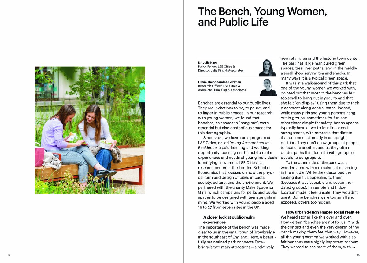 Really excellent article in the Vestre Journal by Julia King and Olivia Theocharides-Feldman about the importance of benches for teenage girls, and how design matters. “The size of benches is important because it decides who sits on it.” vestre.com/uploads/docume…