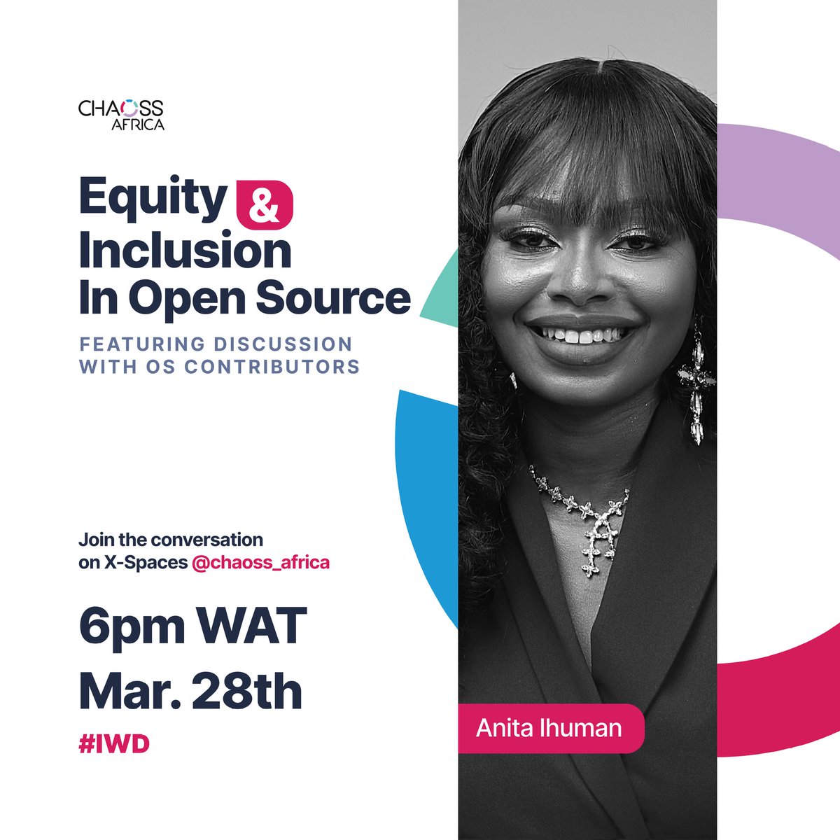 ✨️Event✨️ In celebration of Women's Month, join us on our X space with @Anita_ihuman as we discuss what inclusion and equity feels like in the open source ecosystem. Date and Time: 28th March, 6pm WAT Set a reminder here: x.com/i/spaces/1kvKp… #IWD2024 #chaossafrica