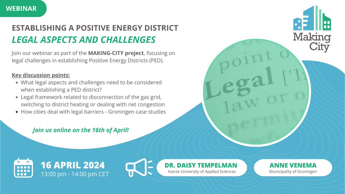 Join our @MakingCity_EU #webinar hosted by our lighthouse city Groningen! Delve into #legal aspects of Positive Energy Districts for urban #EnergyTransition. 🗓️April 16th 🕐13-14h CET. 💡More info on makingcity.eu/2024/03/25/web…