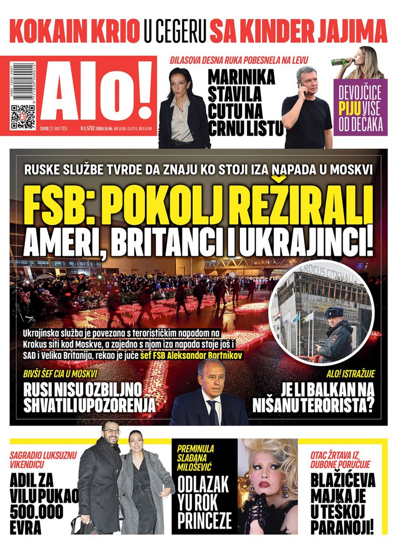 Meanwhile in Belgrade's government-sponsored tabloids: US, UK and Ukraine organised the terrorist attack in Moscow.