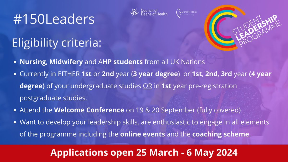 📢Interested in being part of the #150Leaders Student Leadership Programme? It's very simple! Check out the eligibility criteria and apply here: councilofdeans.org.uk/studentleaders…