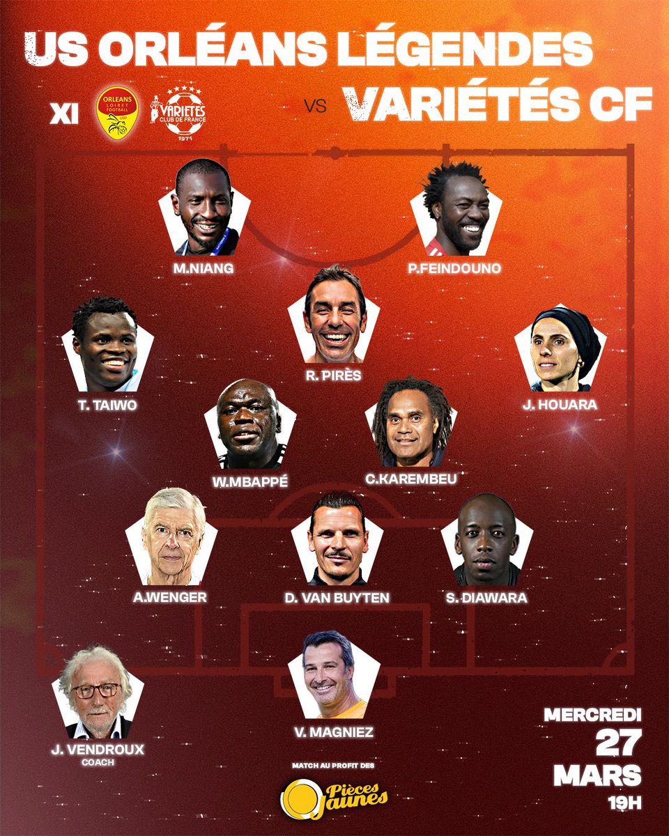 🤩 LA COMPO DU VCF 🔥 Ce soir à 19h, rendez-vous pour le coup d’envoi de ce match de gala au profit des @piecesjaunes ! ⭐️ Un 11 de légendes pour le VCF pour affronter celui de l’@US_Orleans ! A ce soir, pour le coup d’envoi à 19h au stade de la Source ! #MatchCaritatif…