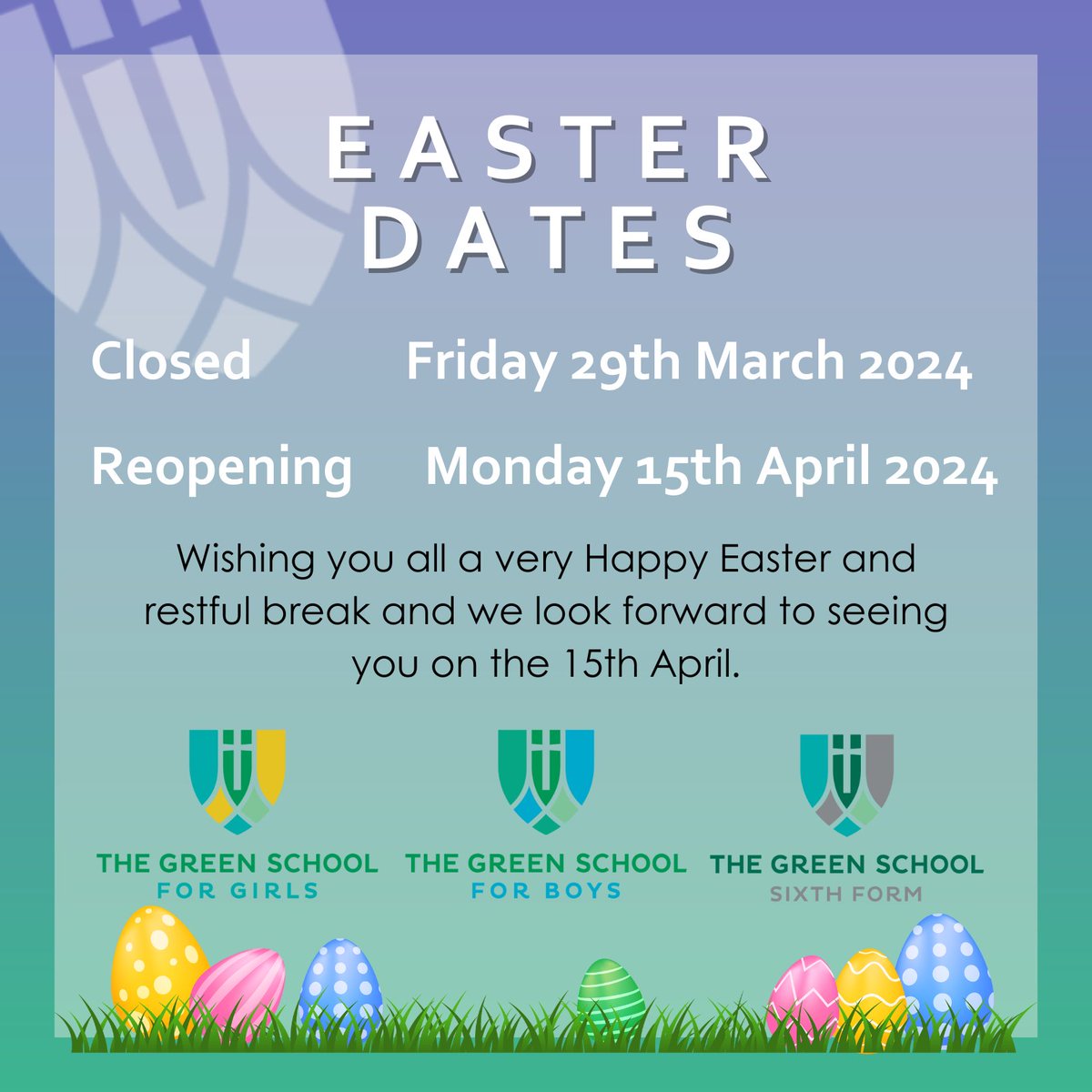 It's officially the end of the second term, with only 1 term left remaining.

To staff, students and families we hope you all have a restful break. We wish you all a Happy Easter and very restful break. 🐣

We look forward to seeing you on Monday 15th April 2024.