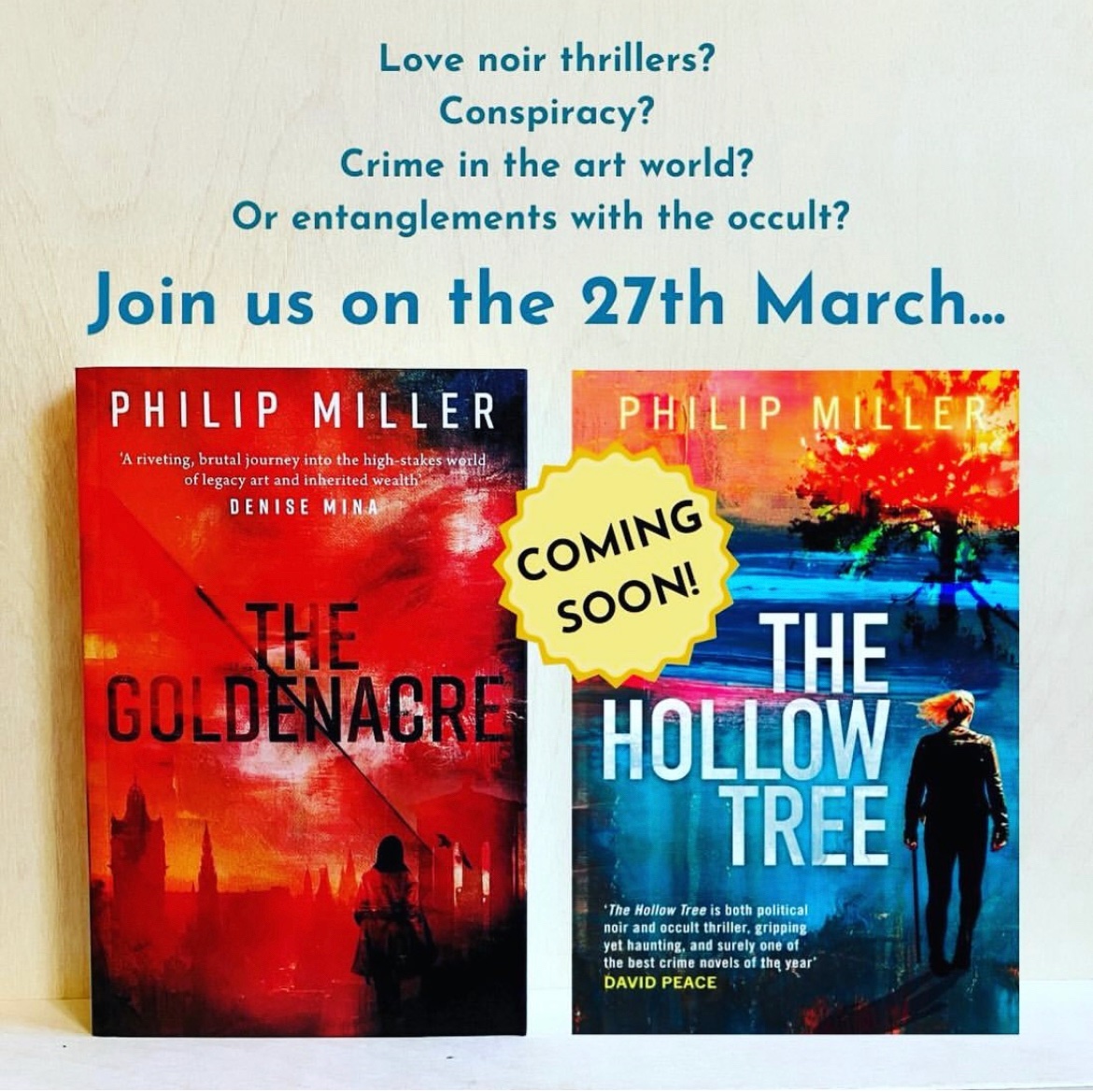 Edinburgh pals - tonight’s the night for @PhilipJEMiller book launch @GoldenHareBooks in Stockbridge. Come along for 6.30pm, and join The Hollow Tree party. 🌳🪓🩸