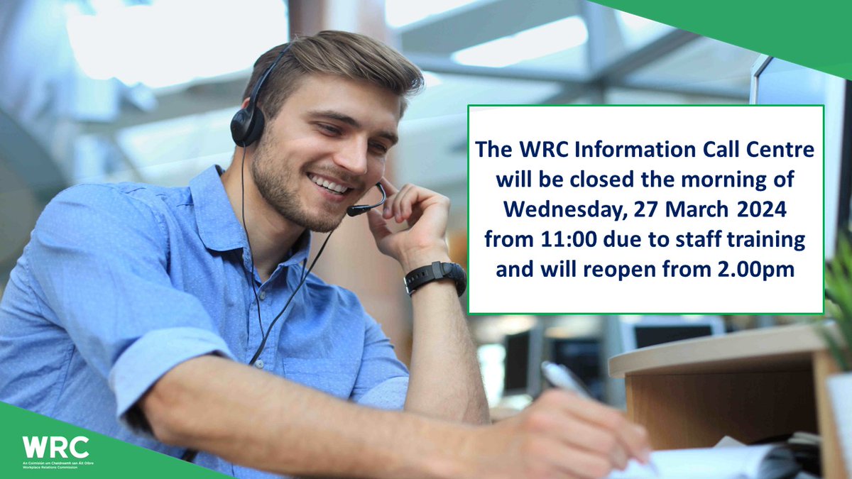 Workplace Relations Commission (WRC) Infoline Closed Due to staff training the WRC Infoline will be closed at 11:00 today Wednesday, 27 March 2024. Lines will reopen at 14:00. You can contact us through the website Enquiry Form ➡️bit.ly/4awng0k #WorkplaceRelations