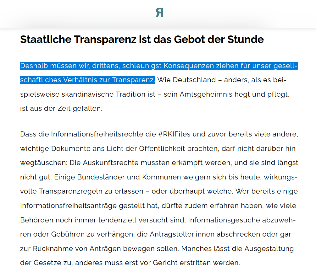 „Behörden und Ministerien müssen endlich verstehen, dass Transparenz nicht ihre Gegnerin ist, sondern ihre Verbündete im Kampf um das Vertrauen der Bürger:innen.“ Diese wichtige Lehre zieht @martinruecker @riffreporter aus der Debatte um die #RKIFiles. 👉 riffreporter.de/de/gesellschaf…