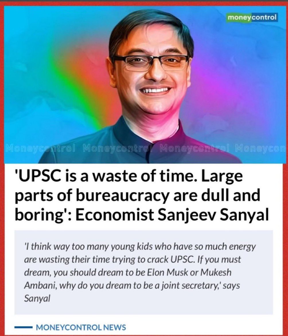 I think Mr. @sanjeevsanyal ’s statement regarding UPSC is being entirely misinterpreted. What he's trying to convey is that in a country as extensive, young, and talented as ours, individuals must possess diverse and rich aspirations. It is high time that we start seeing…